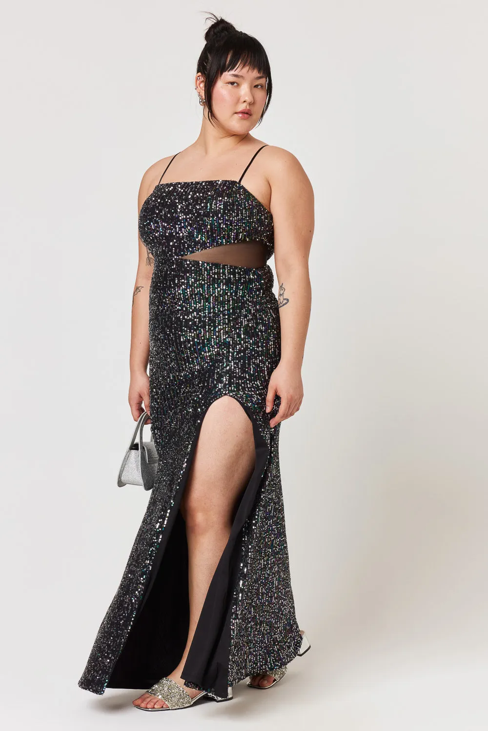 Black Silver Teal Mesh Cut Out Gown