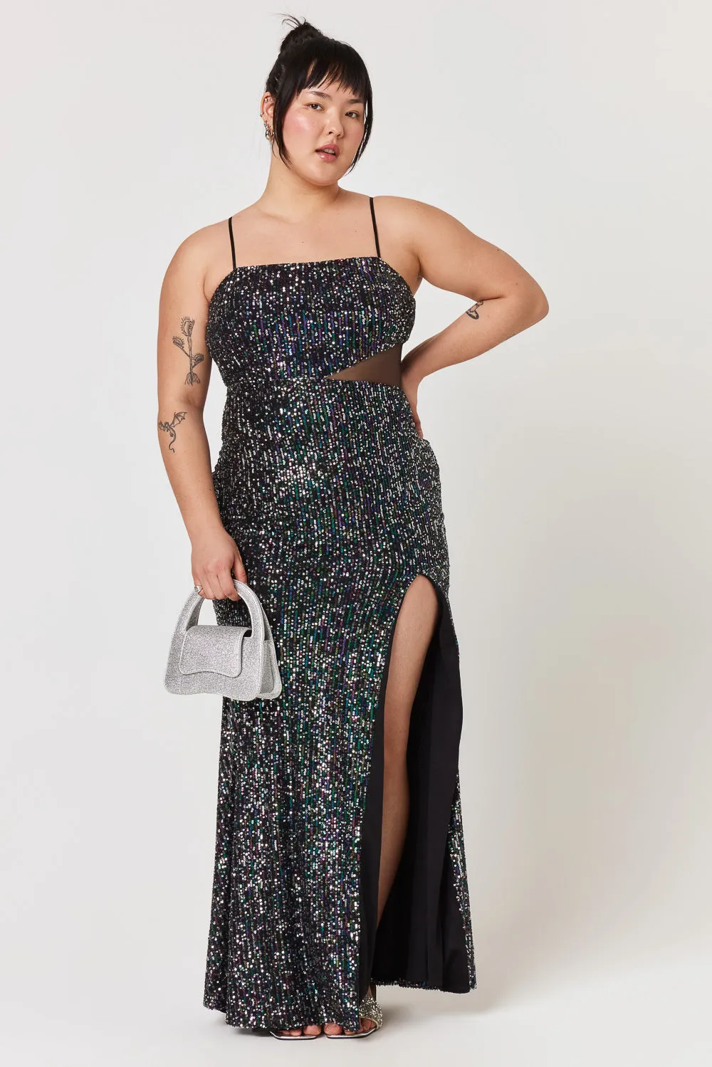 Black Silver Teal Mesh Cut Out Gown