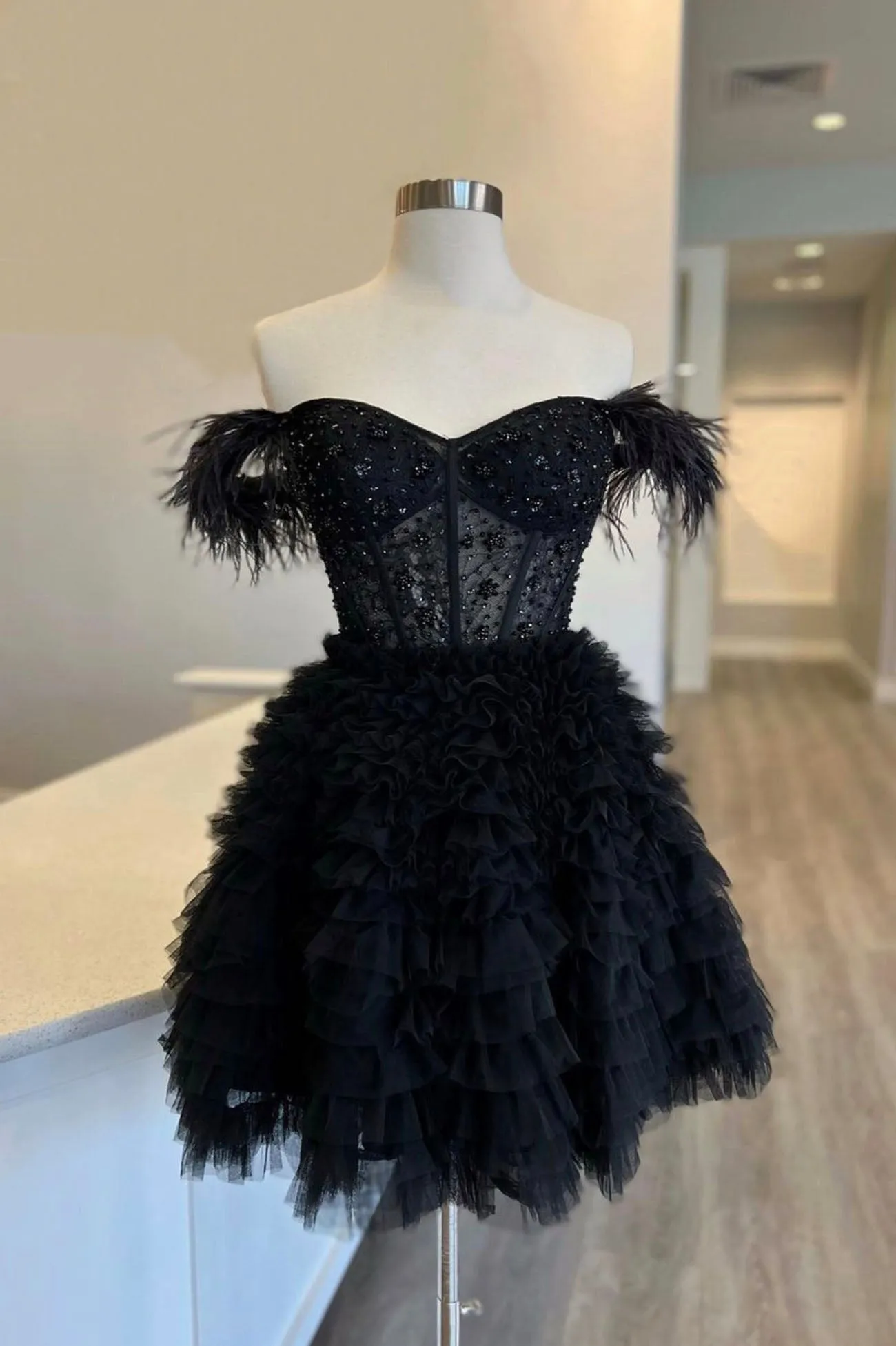 Black Tulle Knee Length Prom Dress Black Off Shoulder Evening Dress