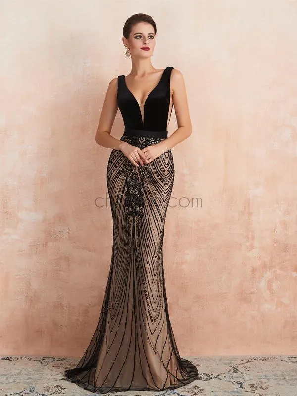 Black V-neck Back Sequin Mermaid Sparkly Unique Prom Dresses, Evening dress LMX1183