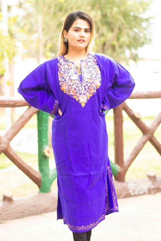 Blue Color Kashmiri  Work Embroidered Phiran Enriched  Neckline Pattern