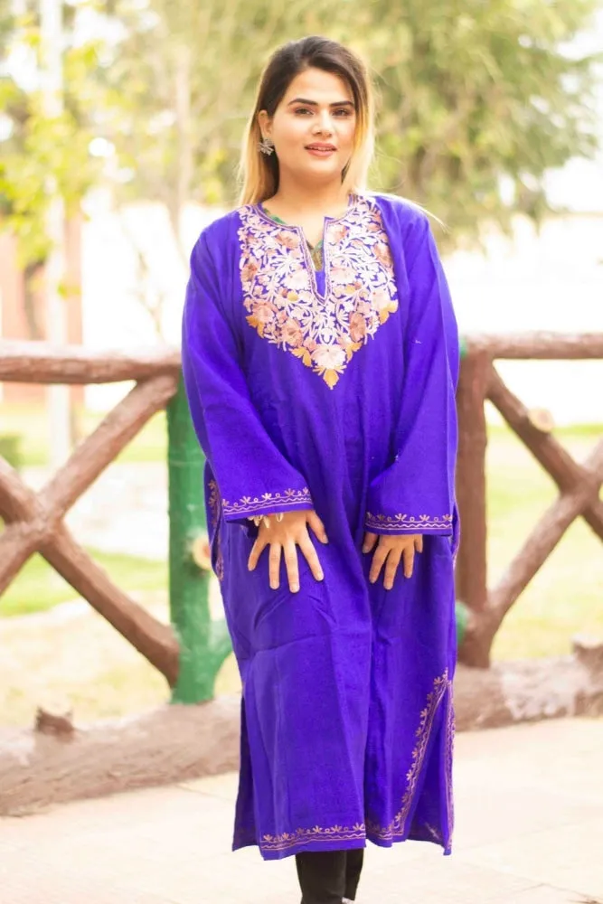 Blue Color Kashmiri  Work Embroidered Phiran Enriched  Neckline Pattern