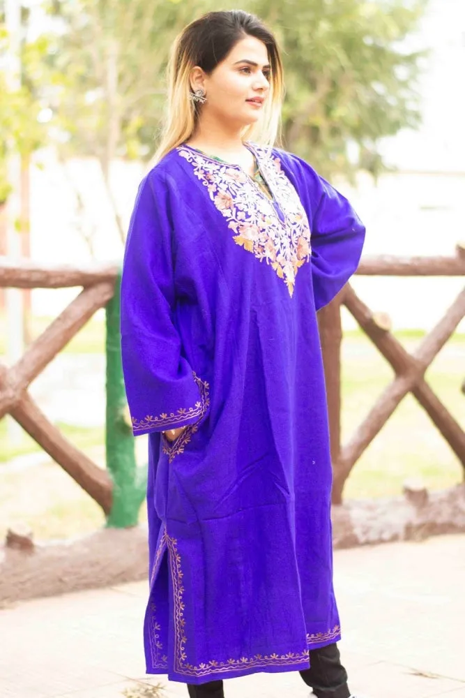 Blue Color Kashmiri  Work Embroidered Phiran Enriched  Neckline Pattern