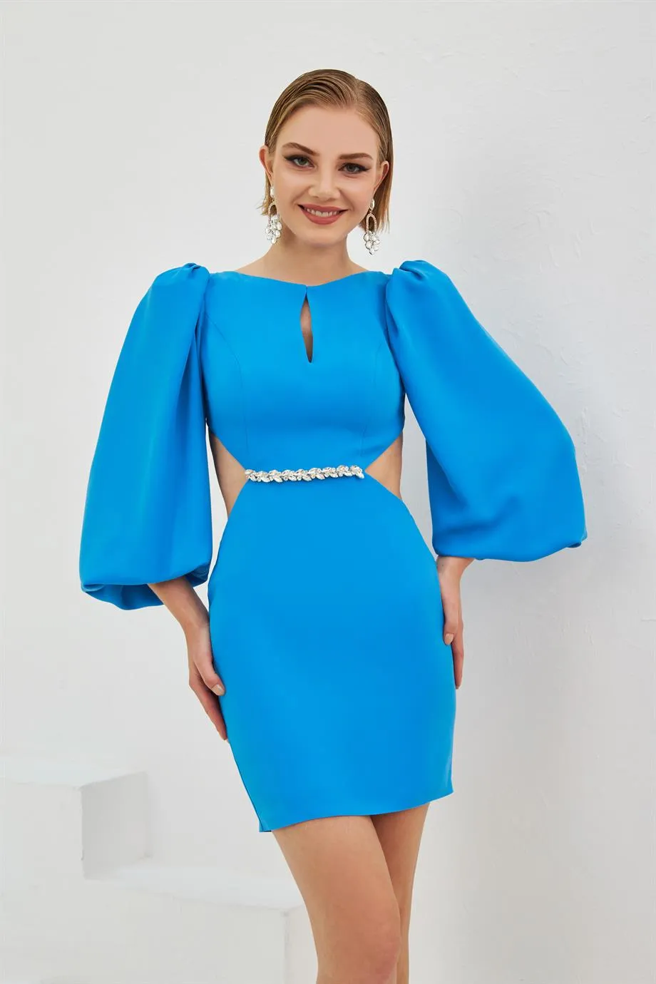 Blue Crepe Stone Balloon Sleeve Short Evening Dress