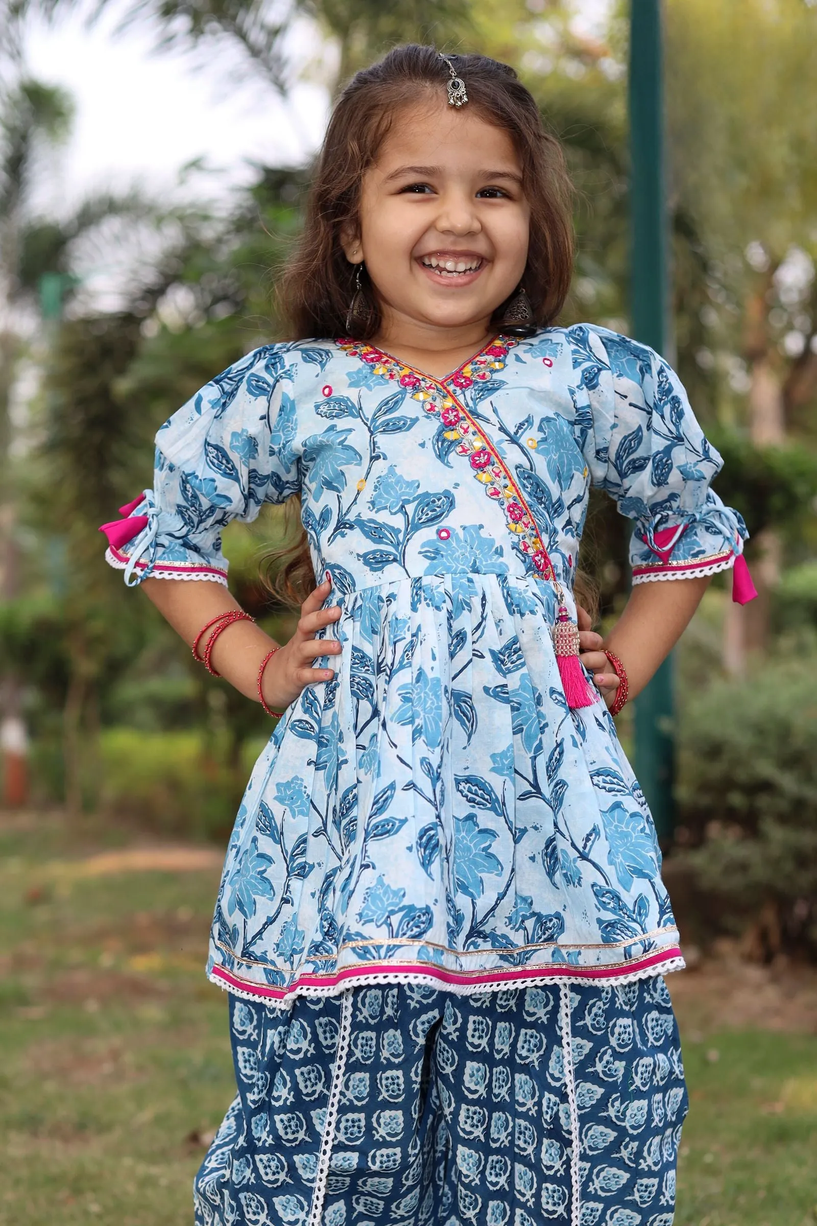 Blue Digital Print, Thread and Zardozi work Dhoti Style Peplum Kurti for Girls