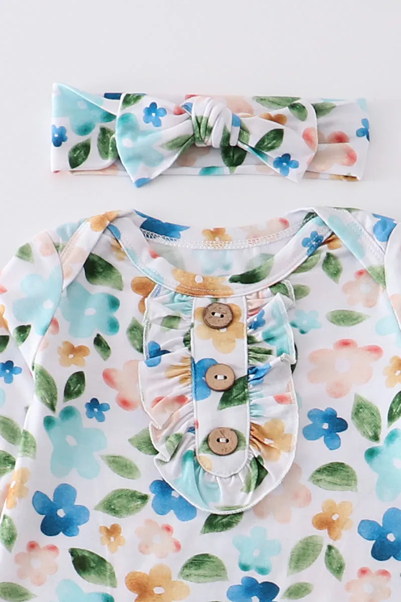 Blue floral print bamboo baby gown