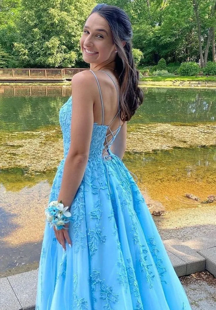 Blue Lace Prom Dress Long, Formal Ball Dress, Evening Dress, Dance Dresses, School Party Gown      S3237