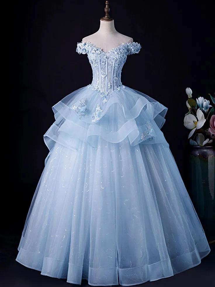 Blue Lace Tulle Appliques Long Prom Dress Formal Evening Dress SH1324