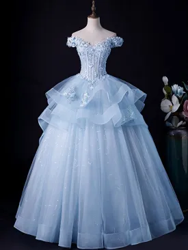 Blue Lace Tulle Appliques Long Prom Dress Formal Evening Dress SH1324