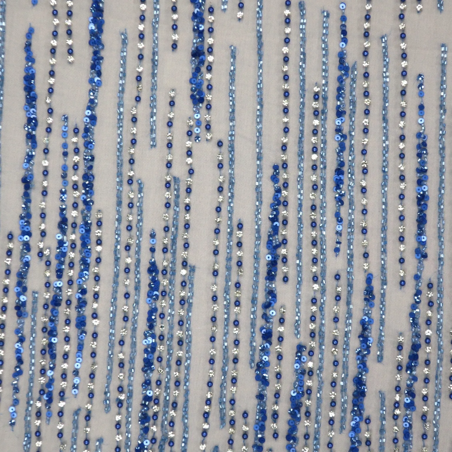 Blue Sequins and Beads Rain Embroidered Tulle Fabric