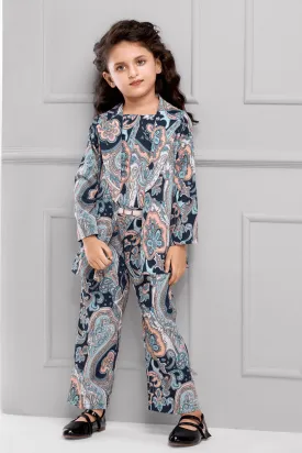 Blue with Peach Digital Print Overcoat Styled Co-ord Set for Girls