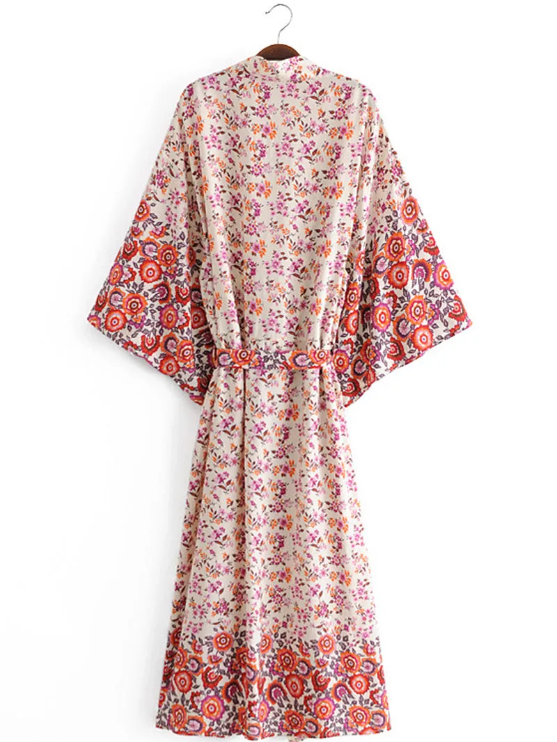 Bridal Party Wear Long Length With Floral Print Red Color Cotton Gown Kimono Duster