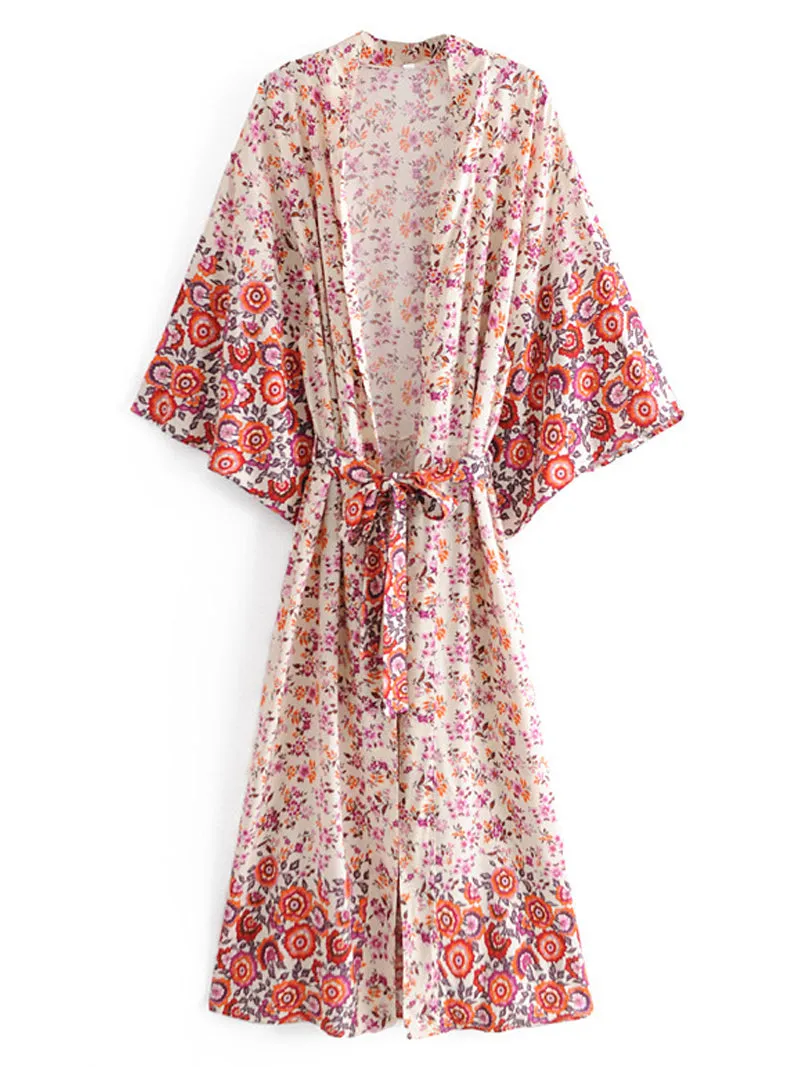 Bridal Party Wear Long Length With Floral Print Red Color Cotton Gown Kimono Duster