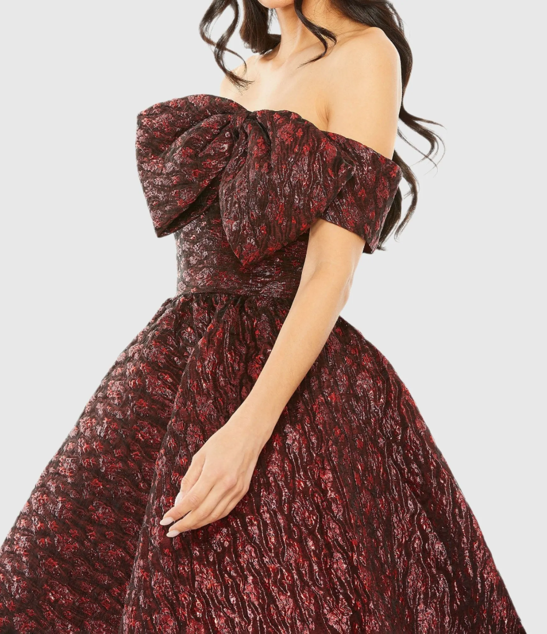 Brocade Off the Shoulder Mini Dress