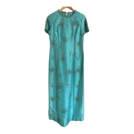 by Ellis of London Vintage 100% Silk Short Sleeve Embellished Evening Gown Maxi Dress Teal Blue UK Size 12