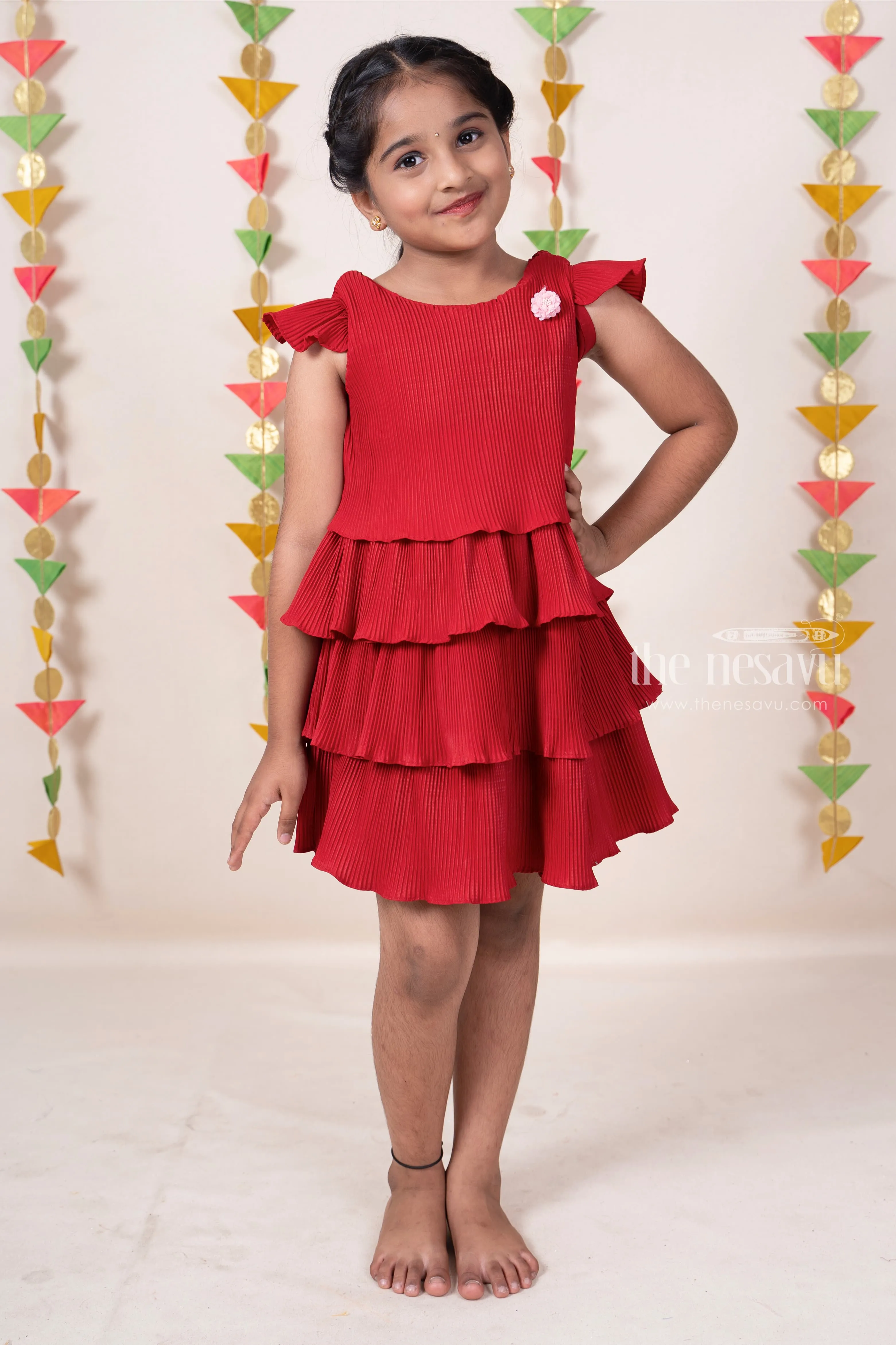 Cherry Red Semi Ruffled Cotton Gown For Baby Girls With Floral Embellishments