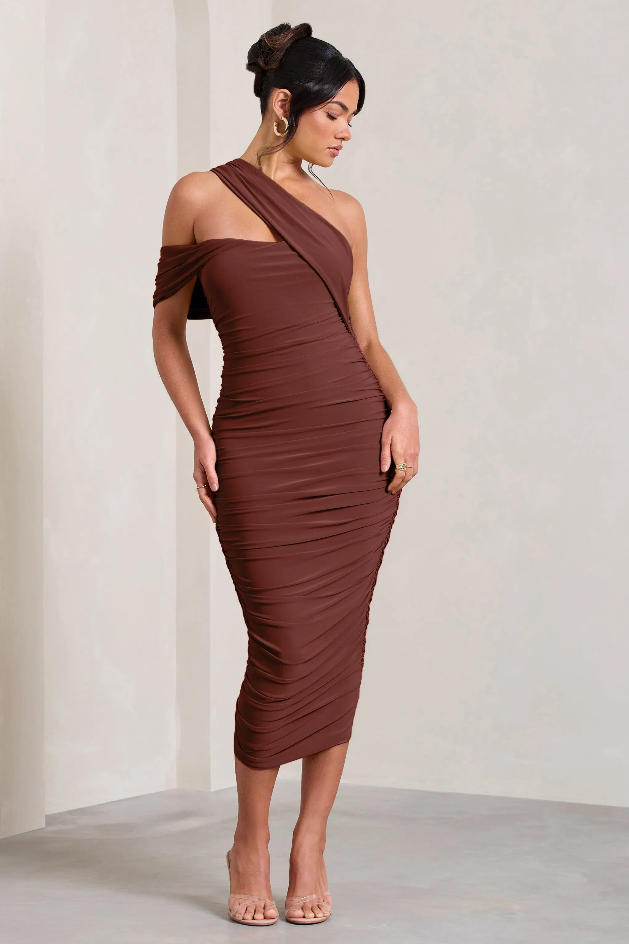 Cici | Brown Asymmetric One Shoulder Ruched Midi Dress