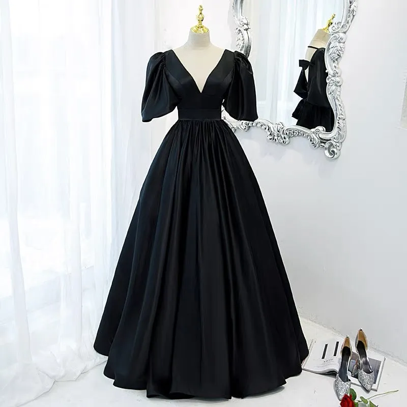 Classy Black Prom Dress Formal Dresses with Bubble Sleeves