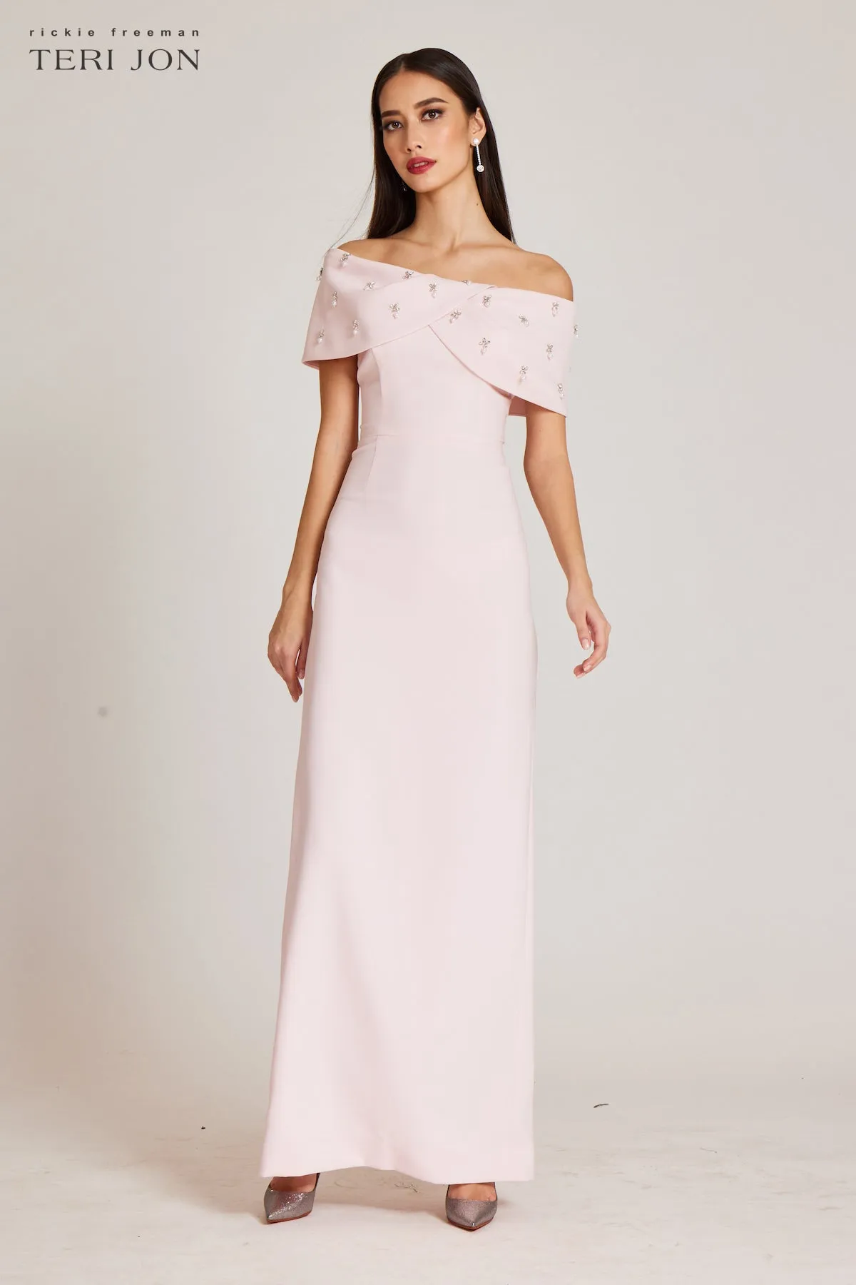 Crepe Off The Shoulder Jewel Trim Portrait Column Gown