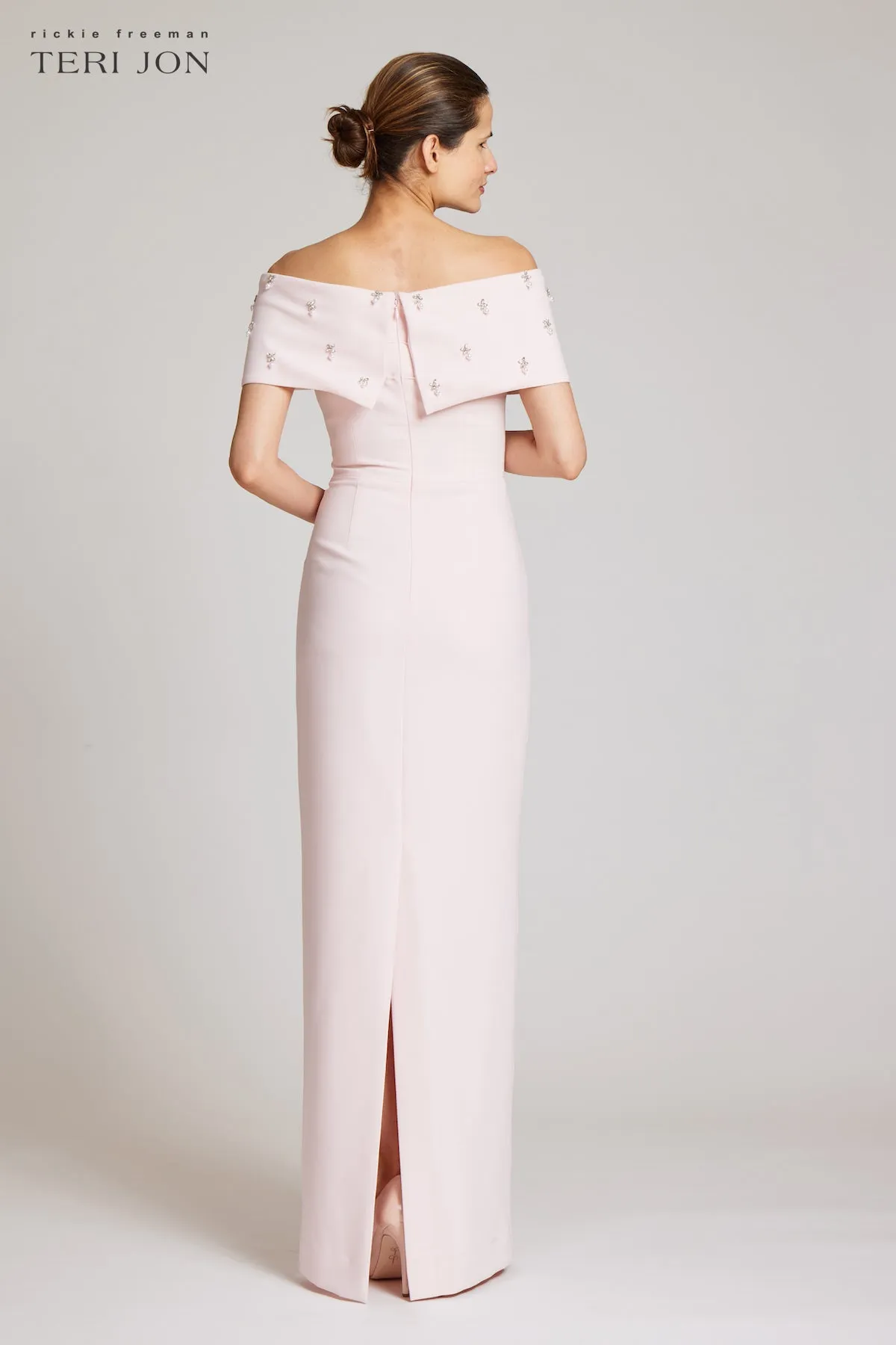 Crepe Off The Shoulder Jewel Trim Portrait Column Gown