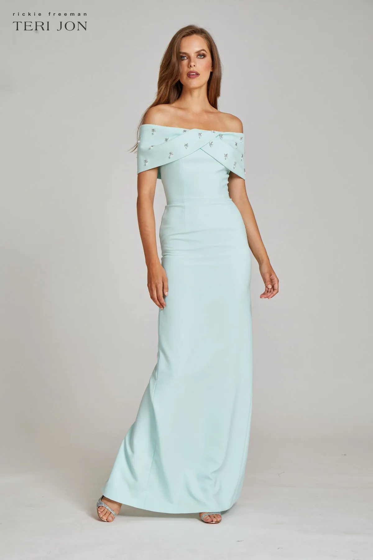 Crepe Off The Shoulder Jewel Trim Portrait Column Gown