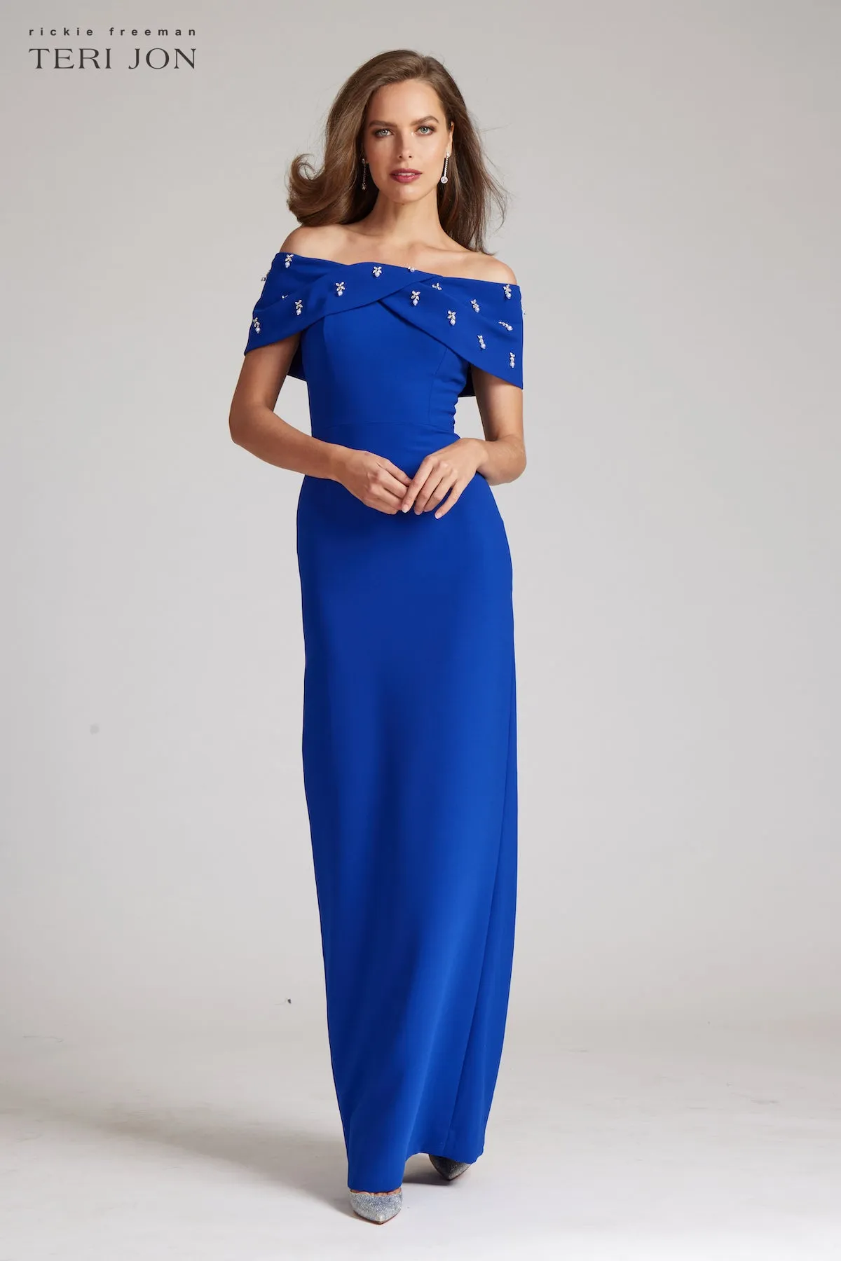 Crepe Off The Shoulder Jewel Trim Portrait Column Gown