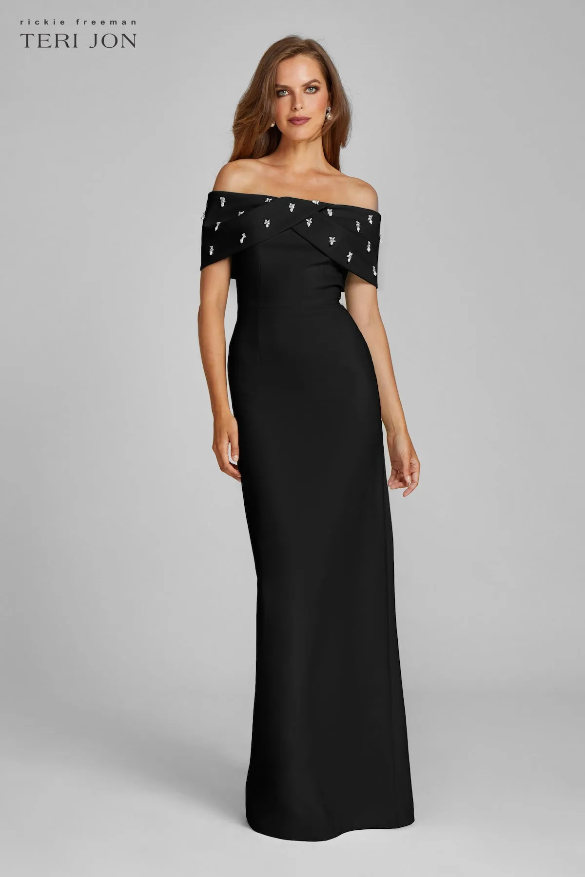 Crepe Off The Shoulder Jewel Trim Portrait Column Gown