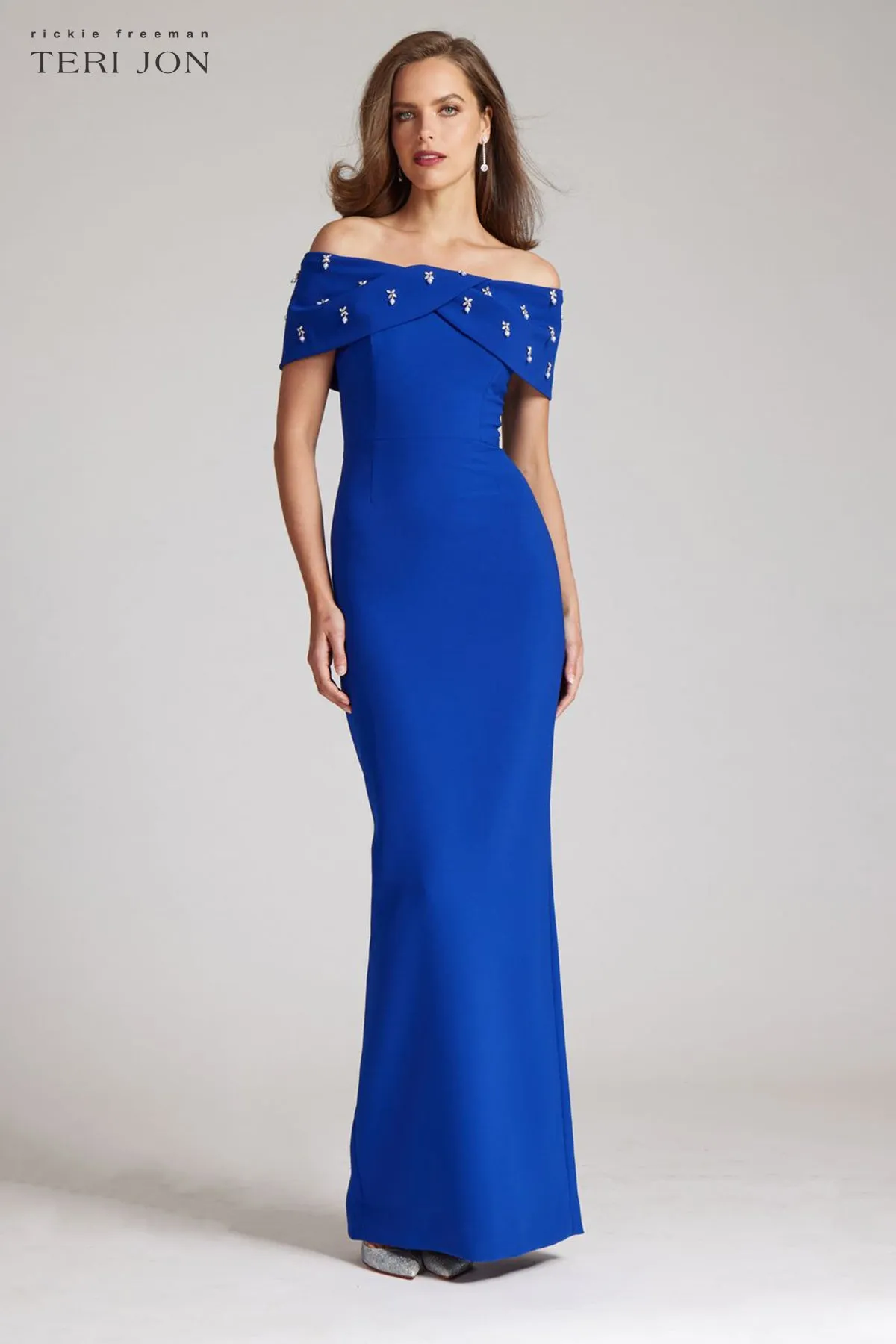 Crepe Off The Shoulder Jewel Trim Portrait Column Gown