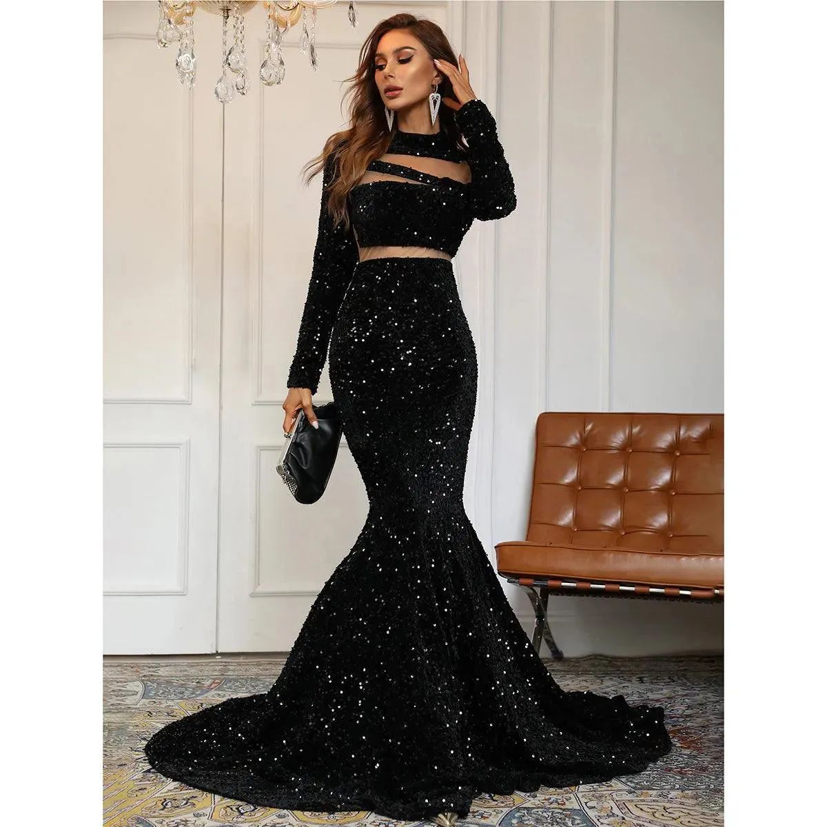 Cut Out Front Mock Neck Sequin Prom Dress