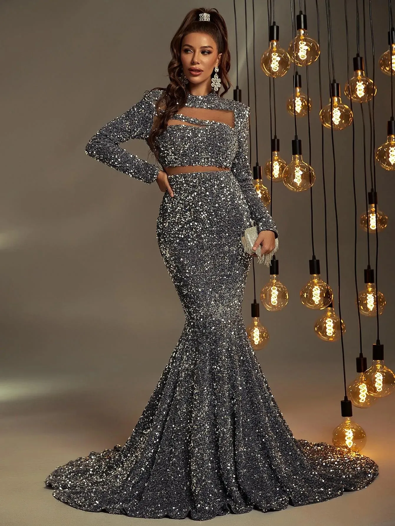 Cut Out Front Mock Neck Sequin Prom Dress