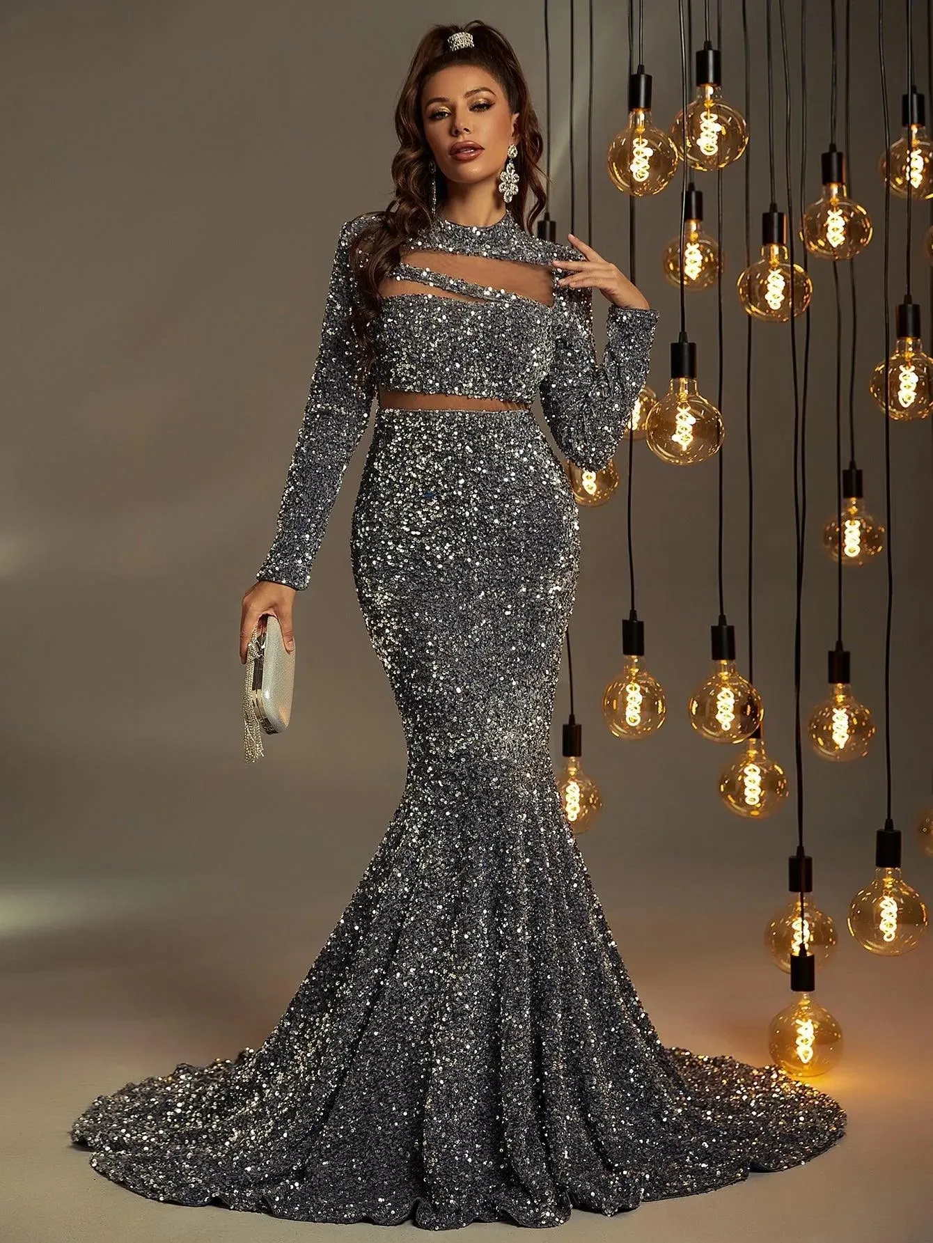 Cut Out Front Mock Neck Sequin Prom Dress