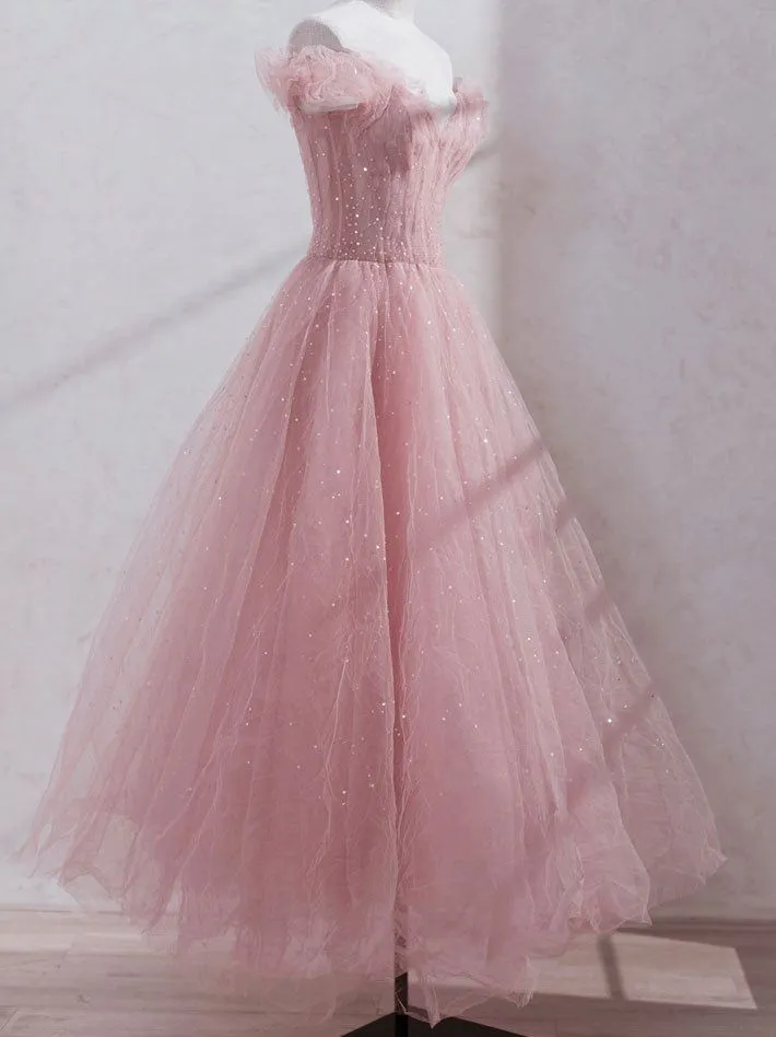 Cute Pink Princess Tulle Sequin Prom Dress Off The Shoulder Evening Dress SH1046