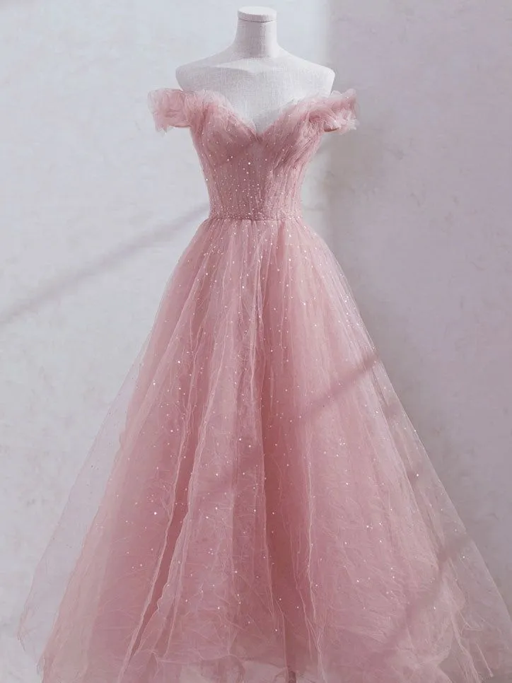 Cute Pink Princess Tulle Sequin Prom Dress Off The Shoulder Evening Dress SH1046