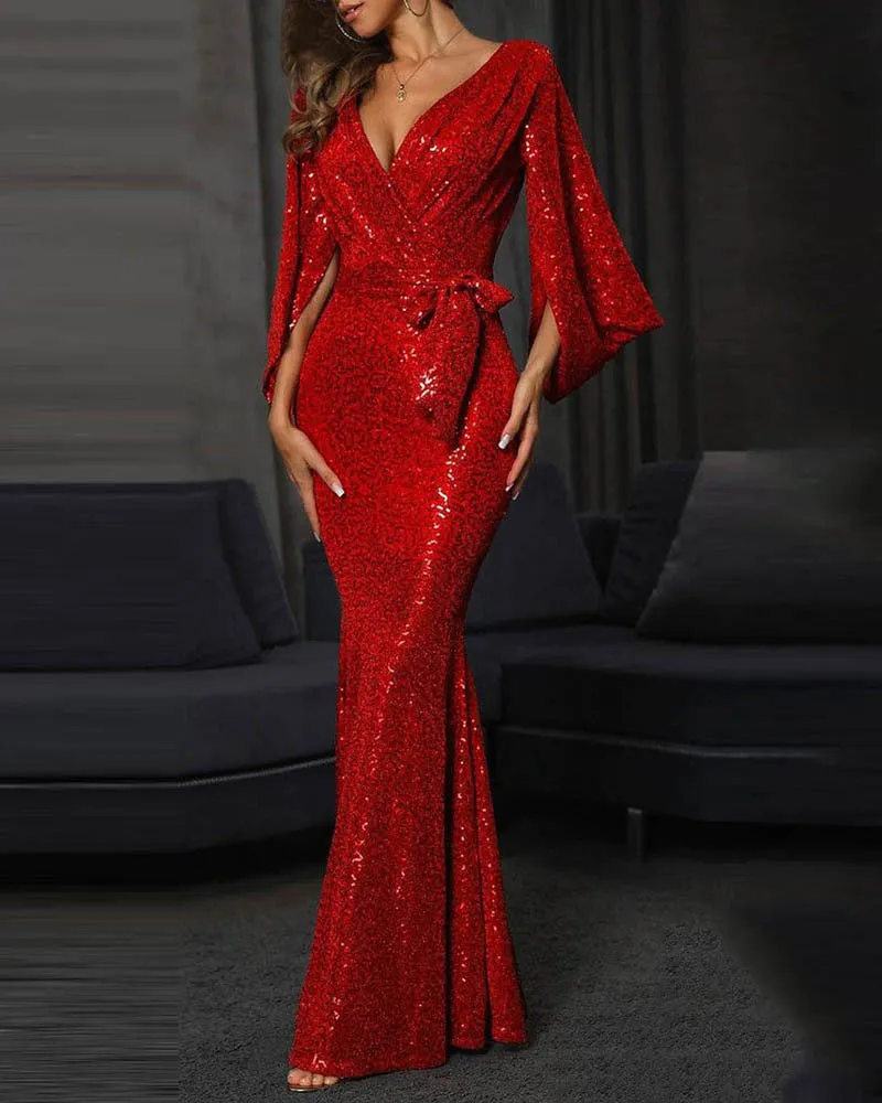 DressBetty - Elegant Sequins Mermaid Evening Dress Sexy Long Sleeve V-Neck High Waist Corset Dress