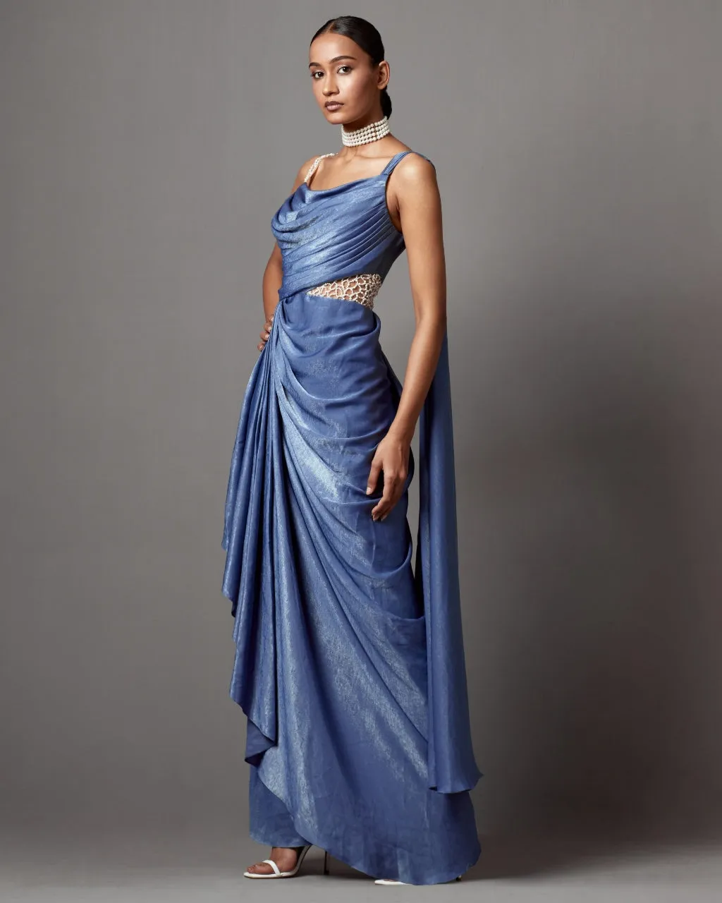 Dust Blue Dust Drape Gown Sari Set