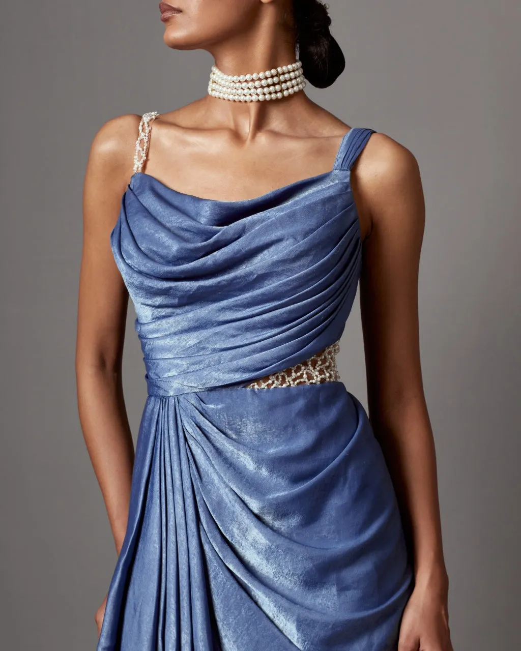 Dust Blue Dust Drape Gown Sari Set