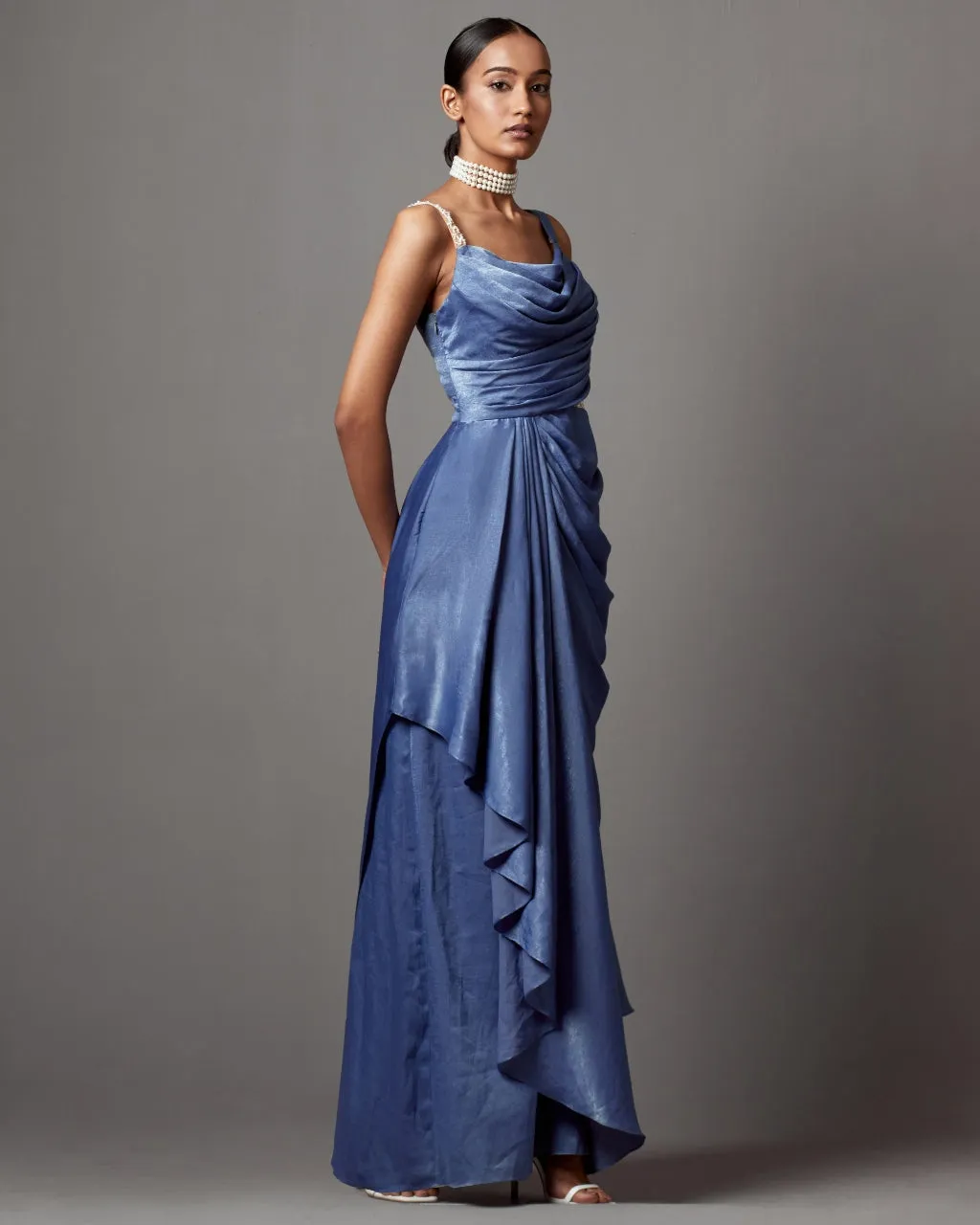 Dust Blue Dust Drape Gown Sari Set