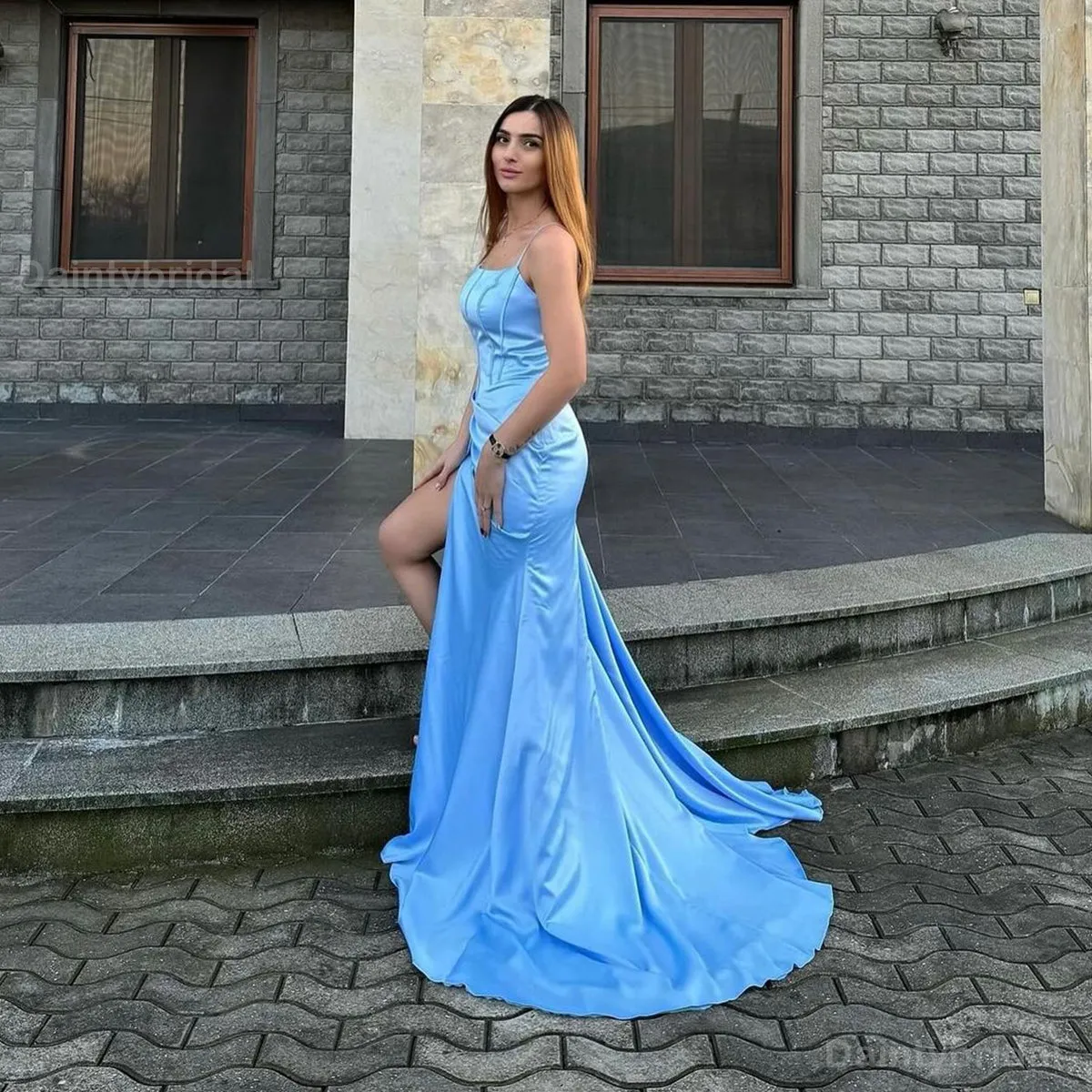 Elegant Spaghetti Straps Mermaid Satin Blue Side Slit Long Bridesmaid Dresses Online, BG767