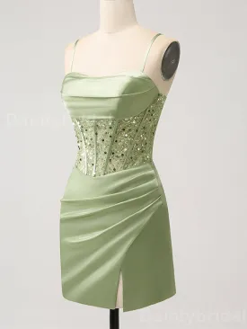 Elegant Spaghetti Straps Mermaid Sequins Sage Satin Short Homecoming Dresses Online, HD0699