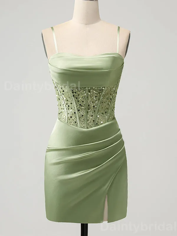 Elegant Spaghetti Straps Mermaid Sequins Sage Satin Short Homecoming Dresses Online, HD0699