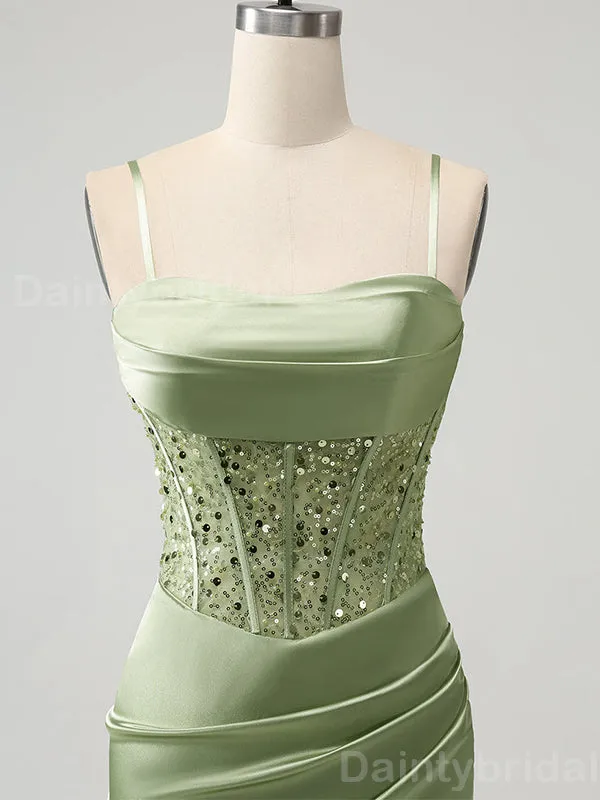 Elegant Spaghetti Straps Mermaid Sequins Sage Satin Short Homecoming Dresses Online, HD0699