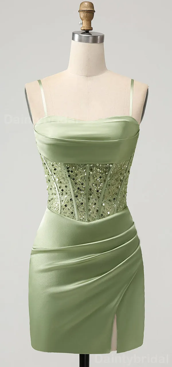 Elegant Spaghetti Straps Mermaid Sequins Sage Satin Short Homecoming Dresses Online, HD0699