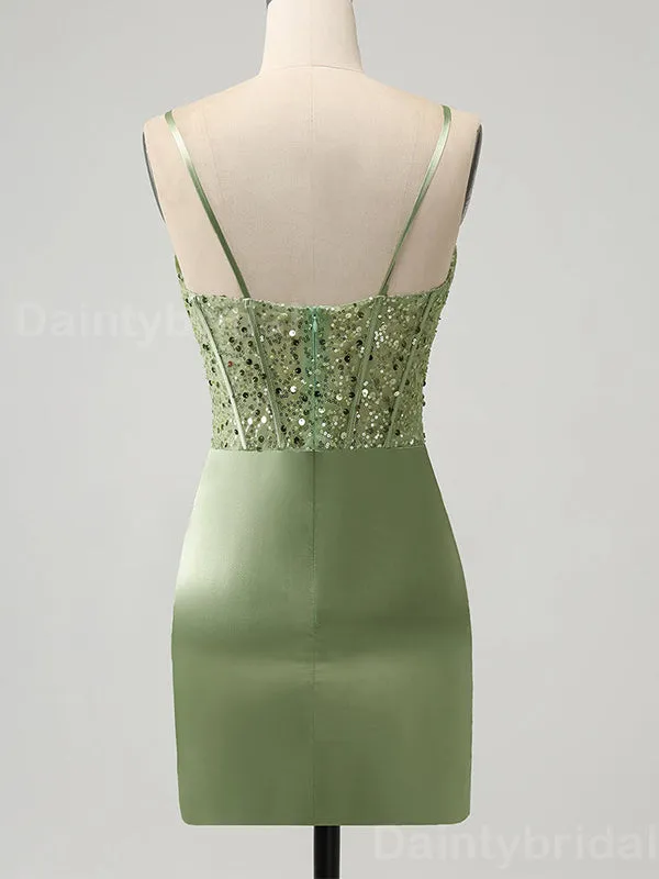 Elegant Spaghetti Straps Mermaid Sequins Sage Satin Short Homecoming Dresses Online, HD0699