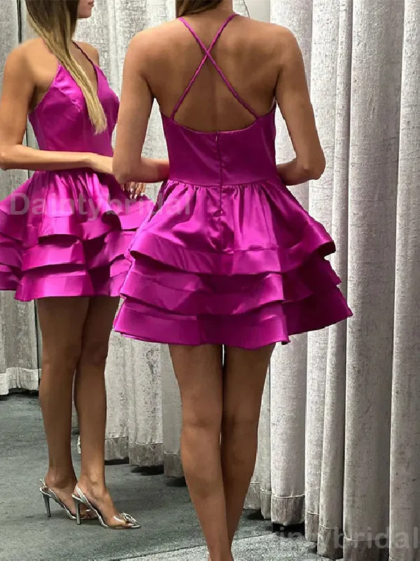 Elegant Spaghetti Straps V-neck A-line Satin Azalea Short Homecoming Dresses Online, HD0685