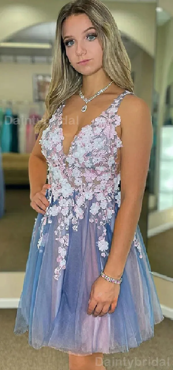 Elegant Spaghetti Straps V-neck Backless A-line Tulle Short Homecoming Dresses Online, HD0688