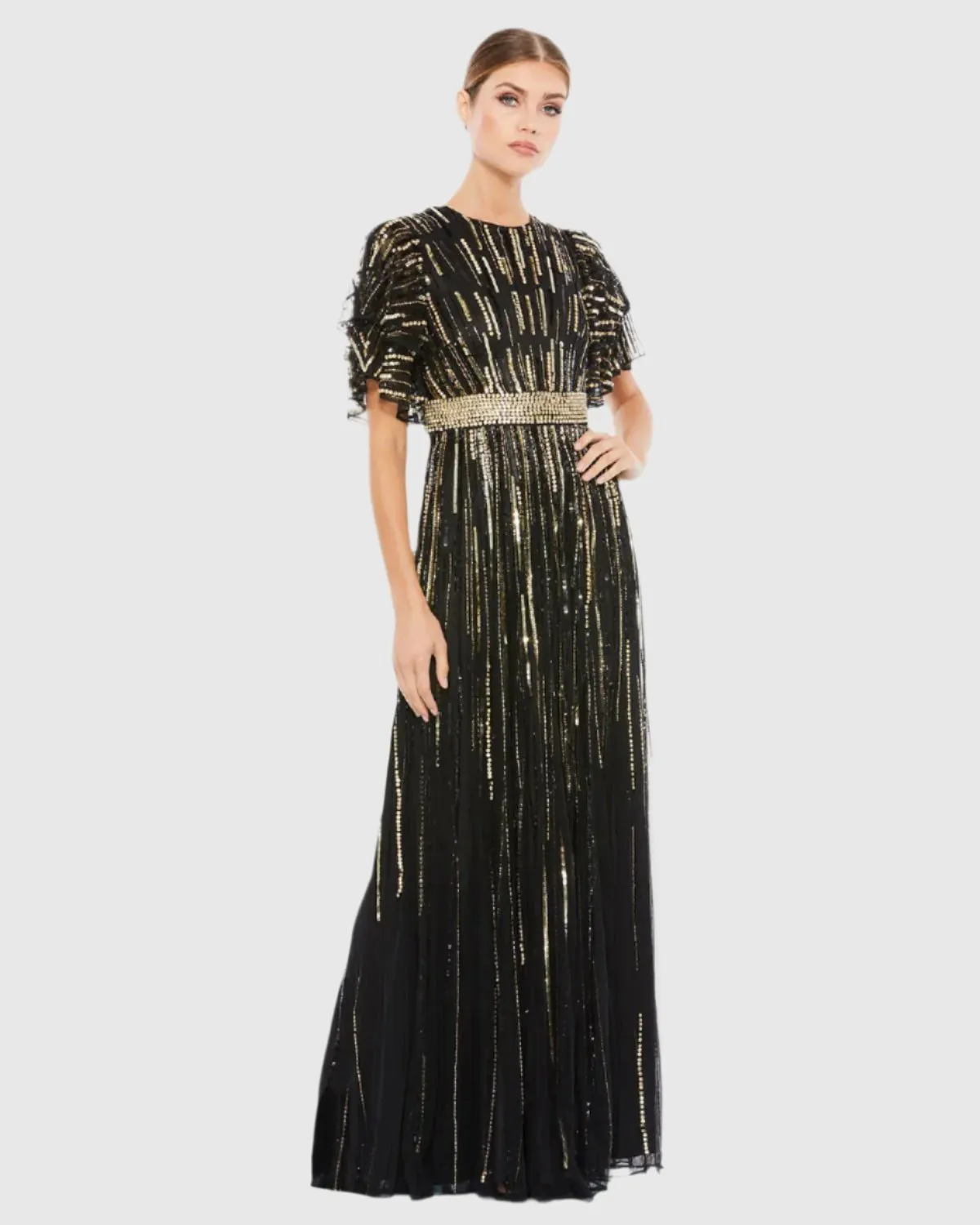 Embellished Full Length Layered Sleeve Gown