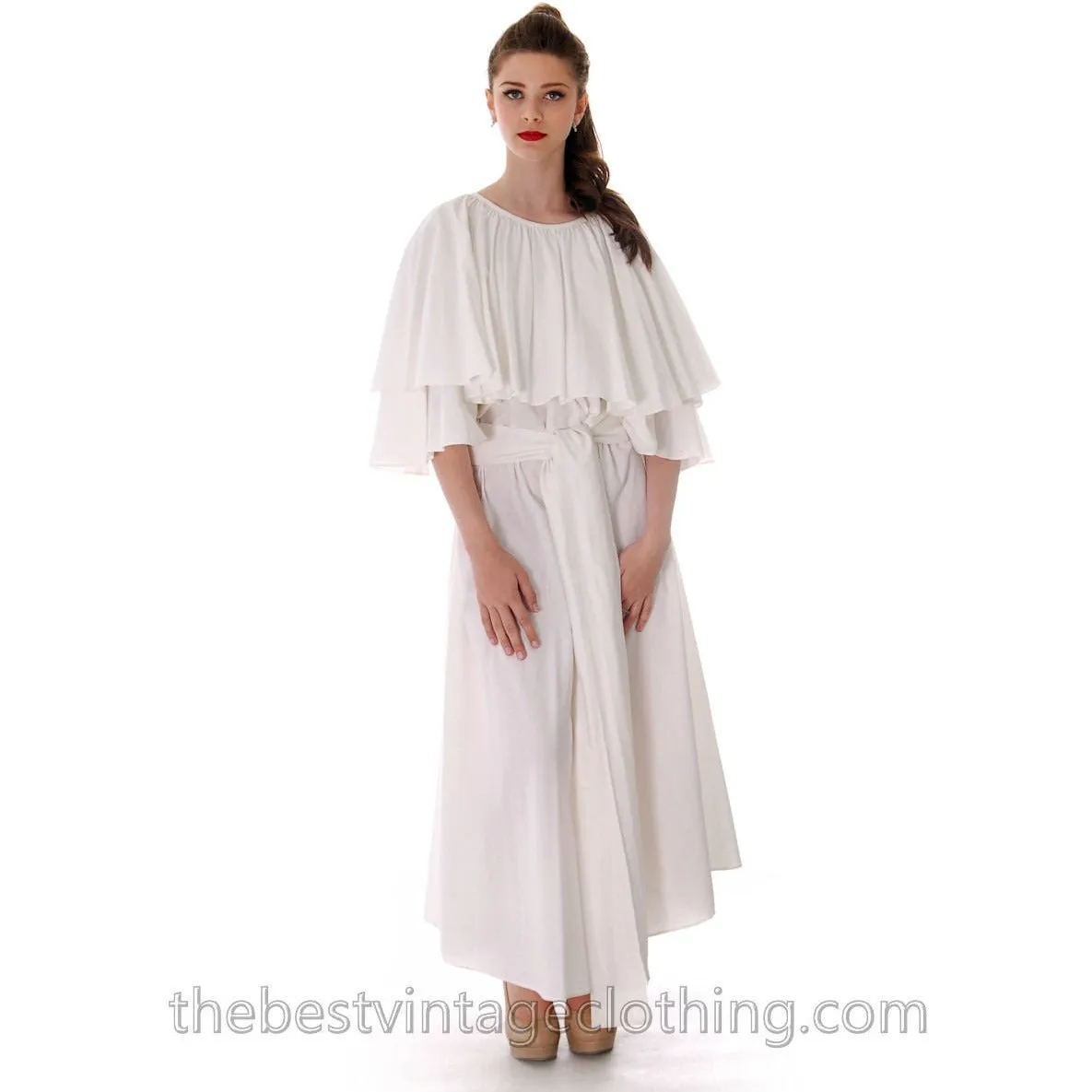 Fab Vintage Vuokko Designer Angel Sleeve Cape Gown White Cotton Wedding Tent Dress W Belt XS