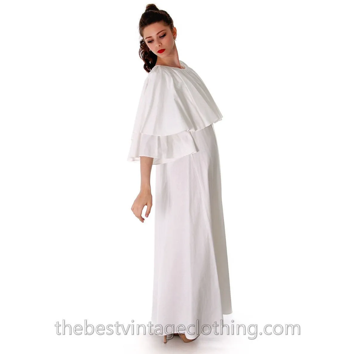 Fab Vintage Vuokko Designer Angel Sleeve Cape Gown White Cotton Wedding Tent Dress W Belt XS