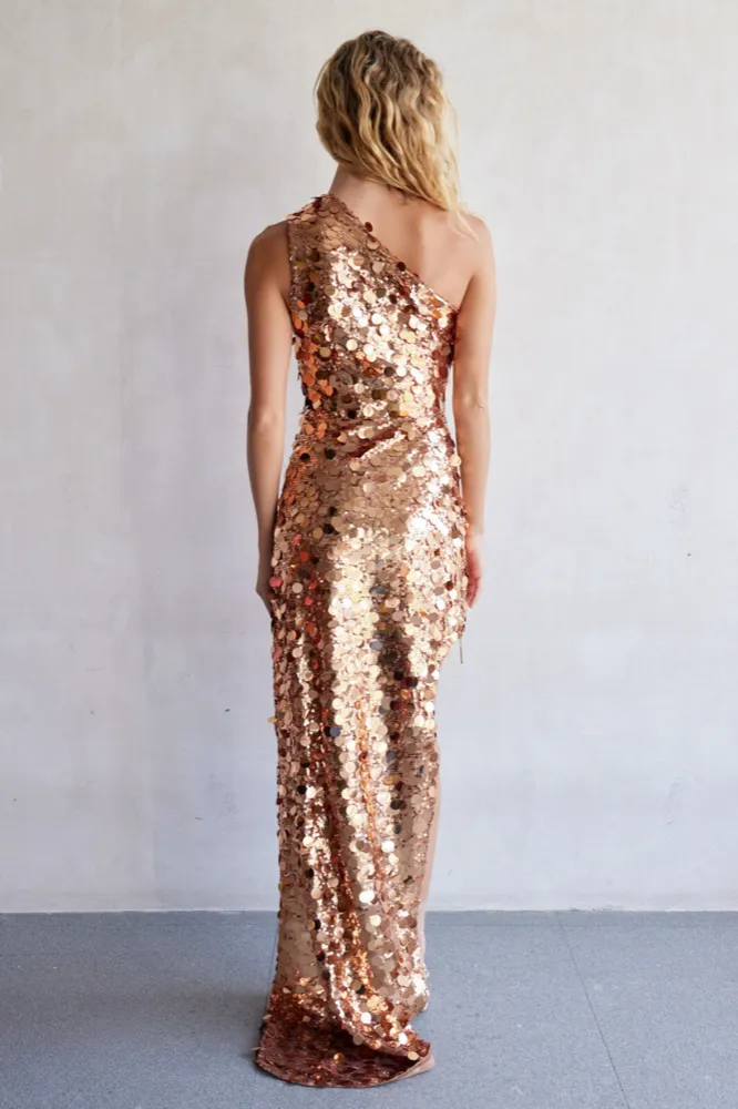 Farah One Shoulder Gold Gown