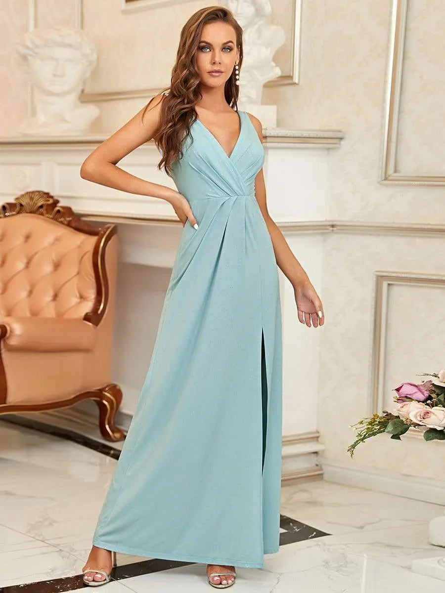 Floor Length V Neck Shiny Evening Dress with Side Split